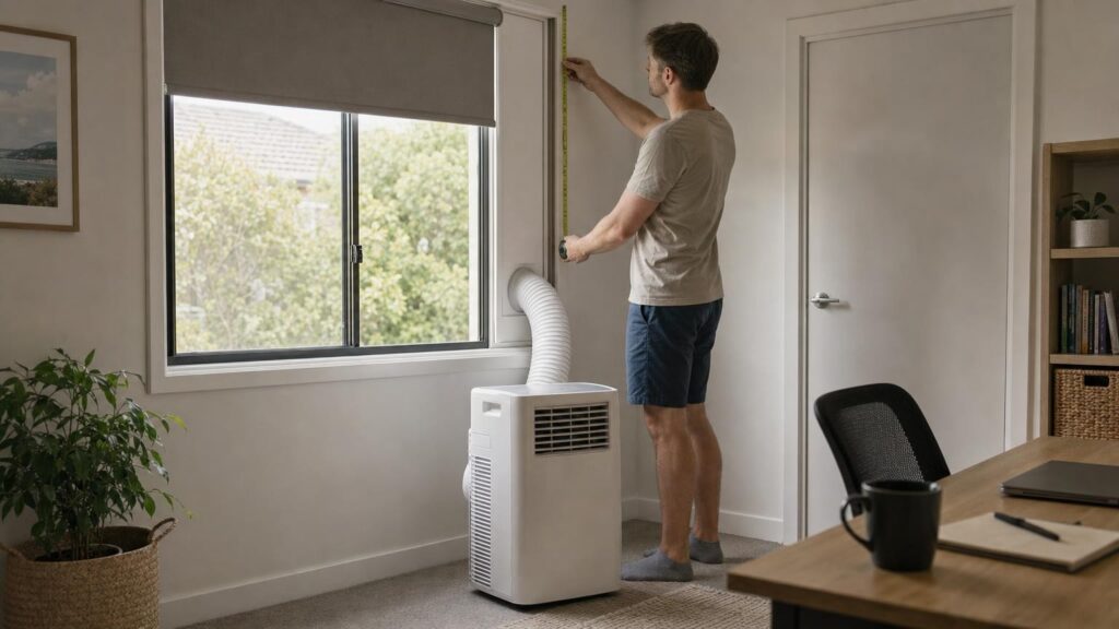 A person measures a sliding-window vent panel beside a portable air conditioner in a sunlit room with the door closed and blind lowered.