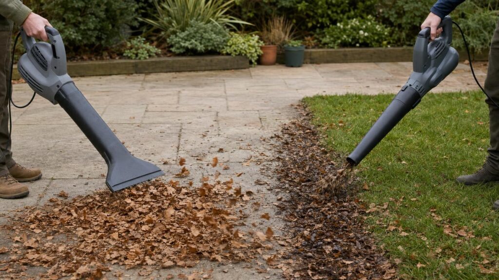 Two unbranded leaf blowers use wide and tapered nozzles to move leaves in broad and narrow paths.