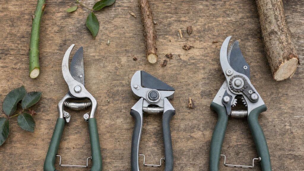 Three types of secateurs arranged with a green stem, dry twig and thicker woody branch on a garden workbench.