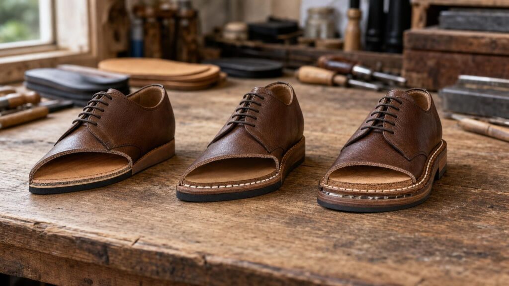 Three similar leather shoes on a cobbler’s bench with cutaway soles showing cemented, Blake-stitched and welted construction.