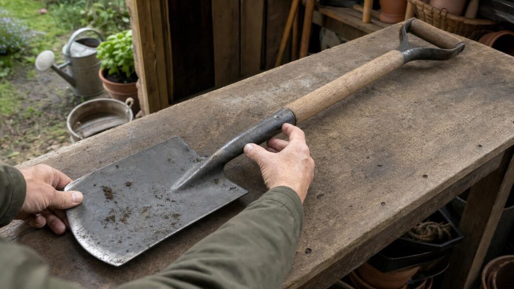 Gardener inspecting the socket and timber shaft of a used steel garden spade on a workbench.