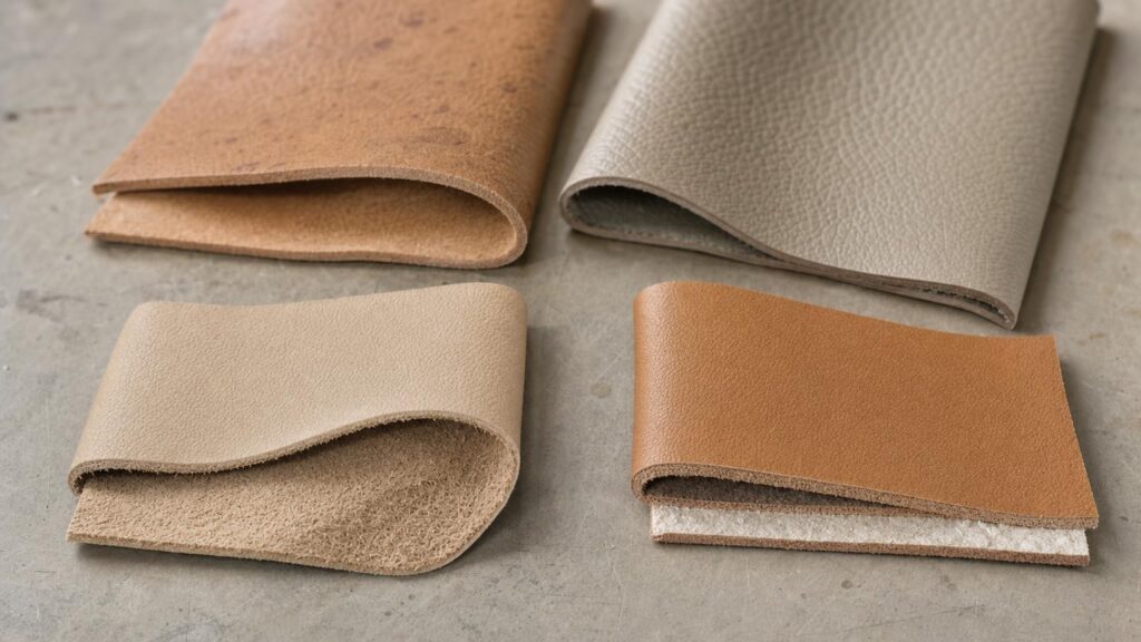 Folded upholstery samples reveal natural, fibrous and layered structures beneath differently finished leather surfaces.