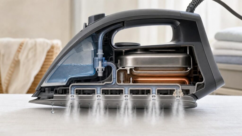 Cutaway steam iron showing water feeding a heated chamber and steam passing through soleplate vents, with a droplet and small scale deposit.