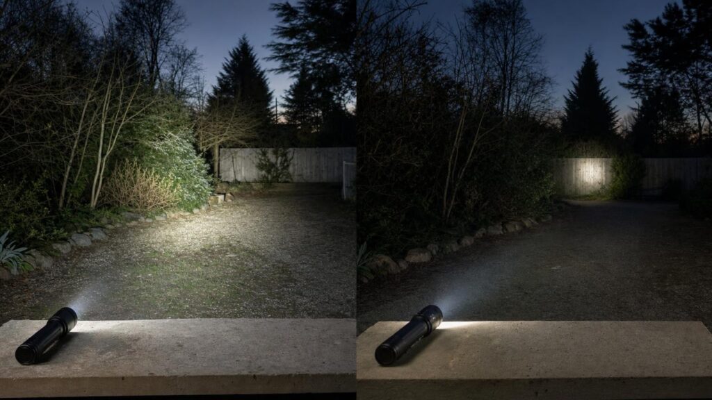 Two unbranded flashlights compare a broad nearby beam with a narrow hotspot reaching a distant fence.