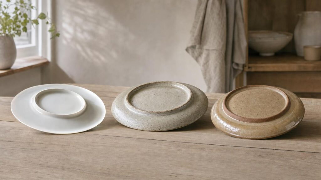 Three ceramic plates side by side showing thin porcelain, speckled stoneware and warm glazed earthenware construction.
