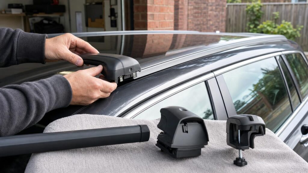 Hands compare a roof-rack foot with a car’s flush rail while different clamp fittings rest nearby.