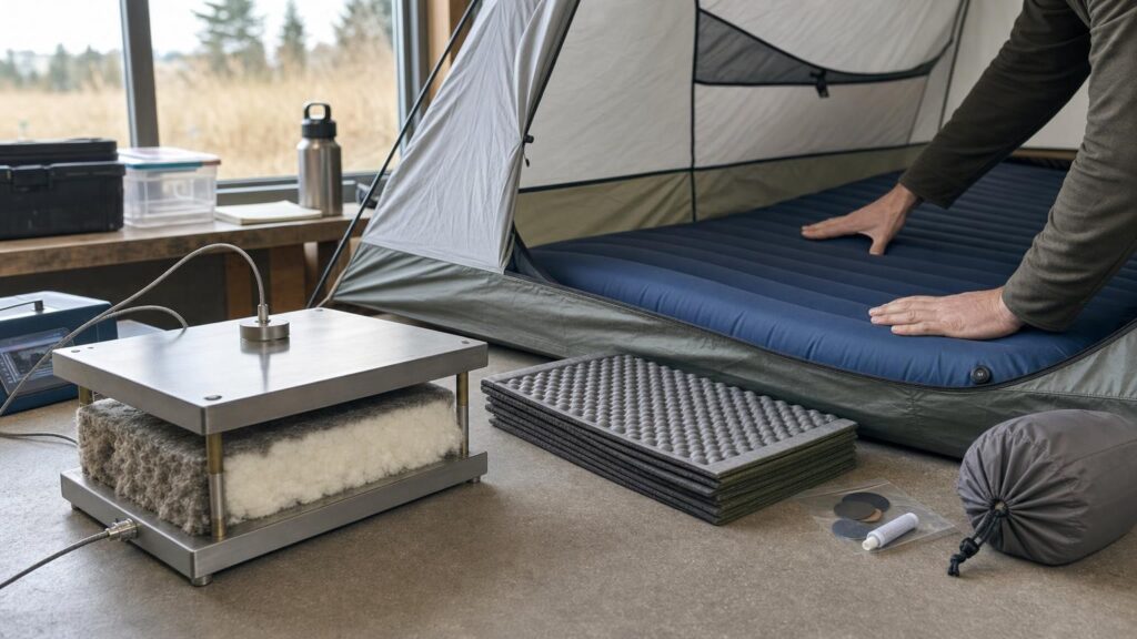A sleeping-mat sample in a thermal test rig beside an inflatable mat being checked for support and fit inside a tent.