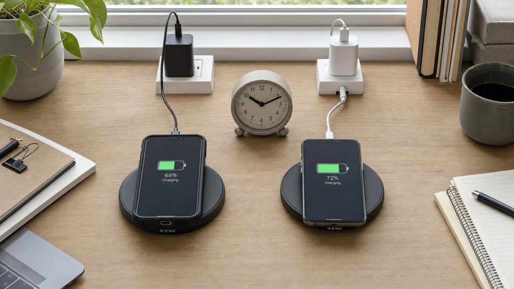 Two phones charge on 15 W and 10 W wireless pads, with the lower-rated setup better aligned and showing slightly more battery progress.