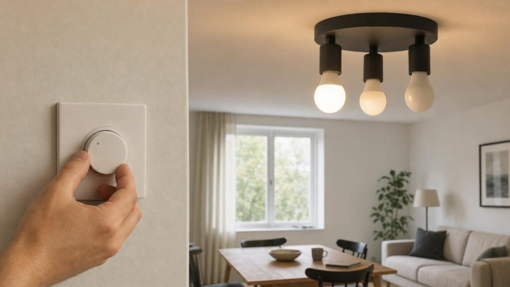 A hand lowers a wall dimmer while three matching LED bulbs glow unevenly and one switches off.