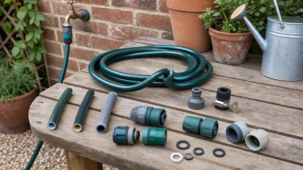 Garden hose, kinked coil and assorted fittings laid out beside an outdoor tap, including matched and incompatible connectors.