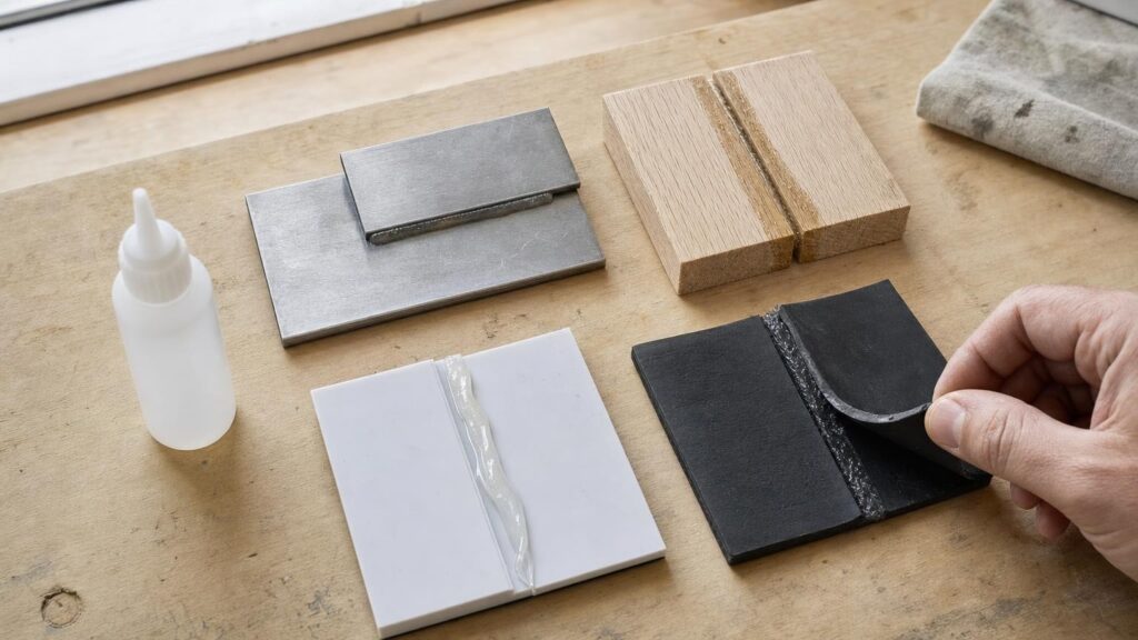 Four metal, wood, plastic and rubber bond samples show the same adhesive holding, soaking in or peeling away differently.