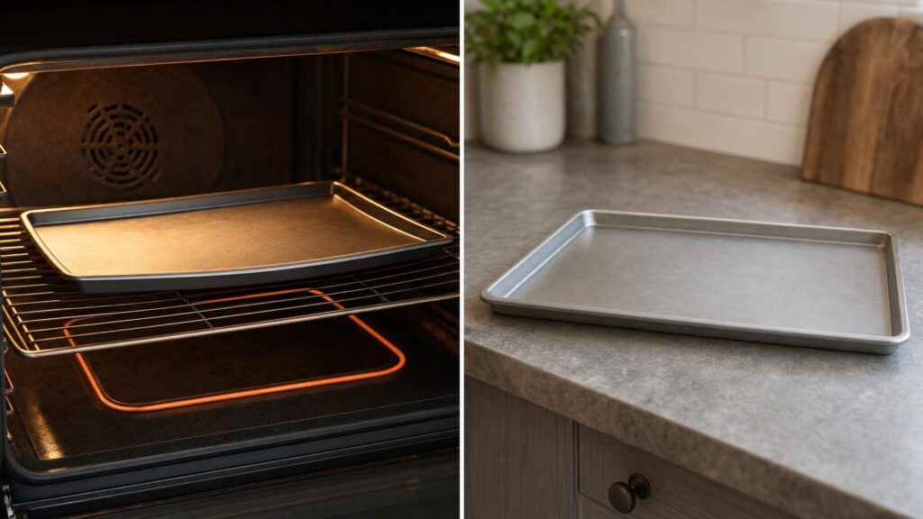 A metal baking tray bows inside a hot oven and lies flat again after cooling.