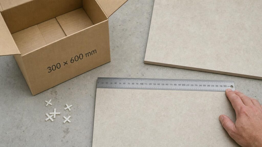 A hand measures a ceramic tile slightly under 300 mm beside an unbranded box labelled 300 × 600 mm.