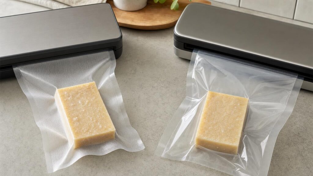 Textured and smooth vacuum bags compared in external-suction sealers, with the textured bag tight and the smooth bag retaining air.