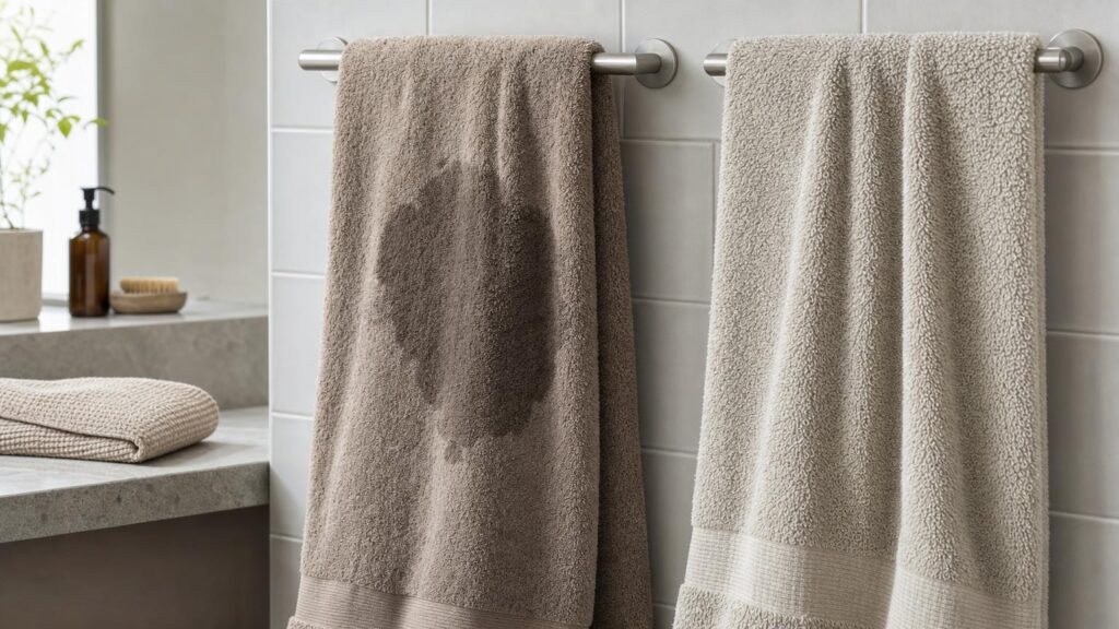 Two neutral bath towels with different loop structures hang side by side, one visibly damper than the other.