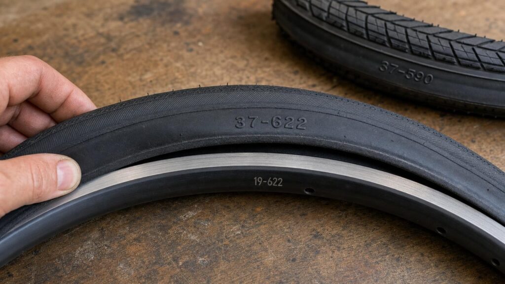 Bicycle tyre marked 37-622 aligned with a rim marked 19-622 on a workshop bench.