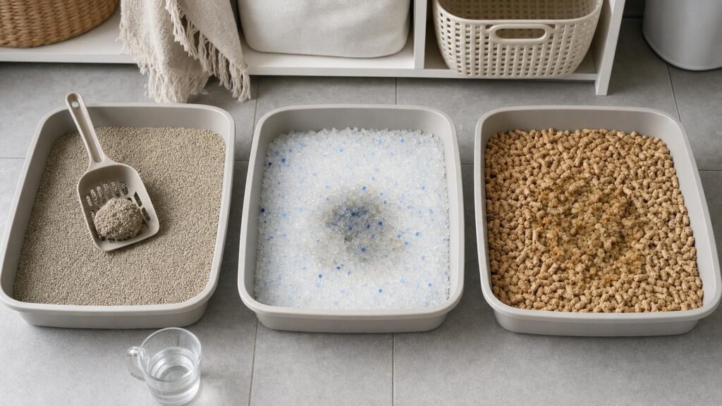 Three litter trays compare clay forming a firm clump, silica retaining moisture and plant pellets breaking down when wet.