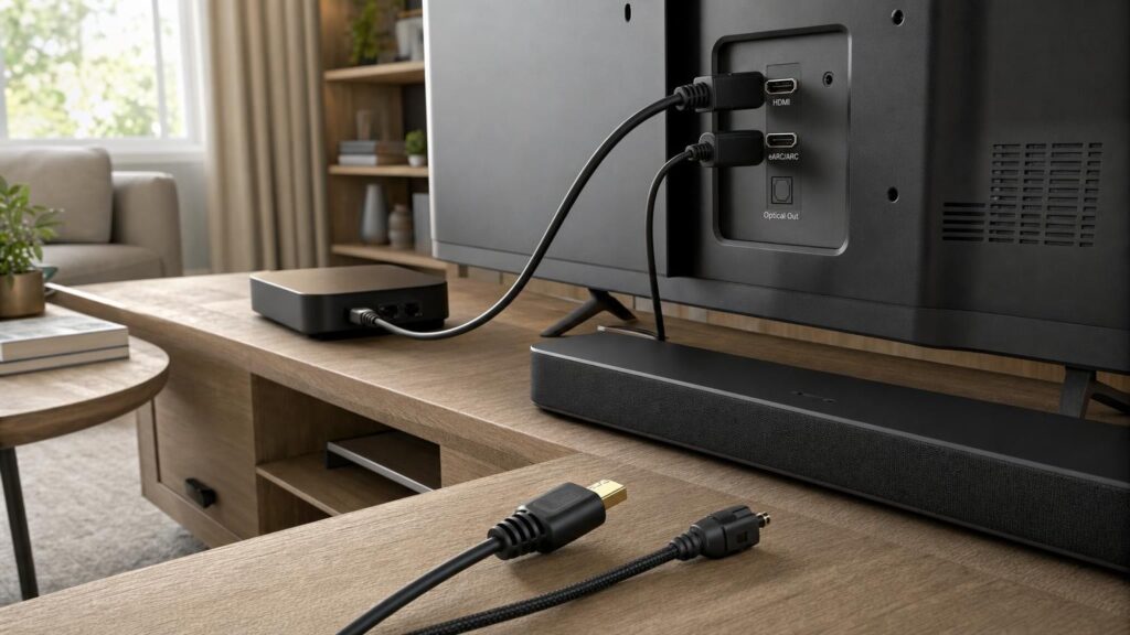 An HDMI source connects through a television to a soundbar, with an optical cable shown as an alternative.