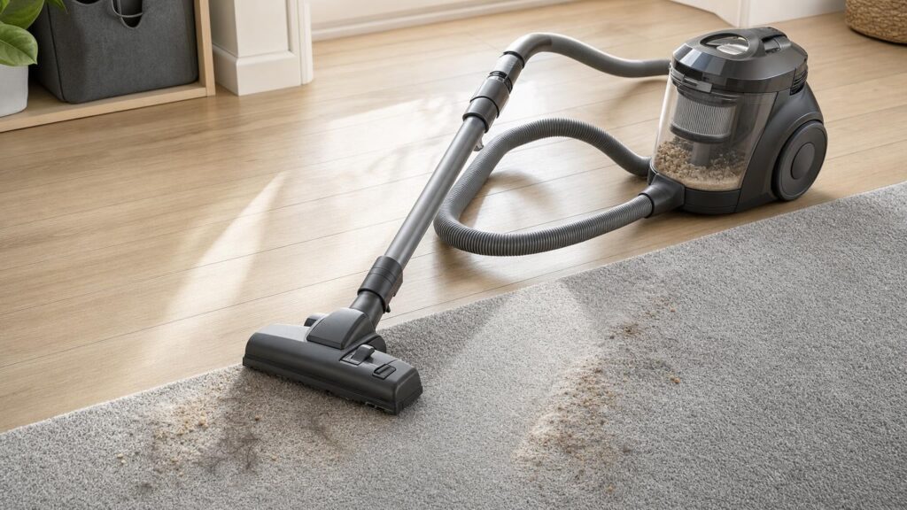 An unbranded vacuum floorhead cleans across hard flooring and a rug, with the hose leading to a debris-filled canister.