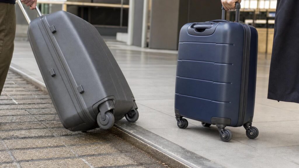 Two unbranded suitcases with recessed fixed wheels and exposed spinner casters crossing the same shallow floor joint.