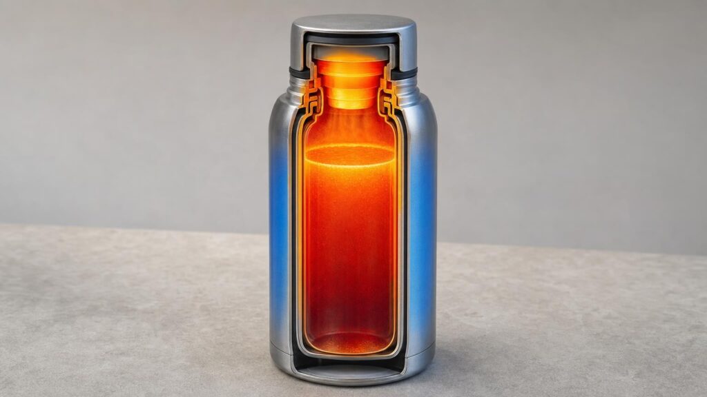 Cutaway thermal view of a vacuum flask showing heat concentrated around the neck, stopper and lid while the insulated walls remain cooler.