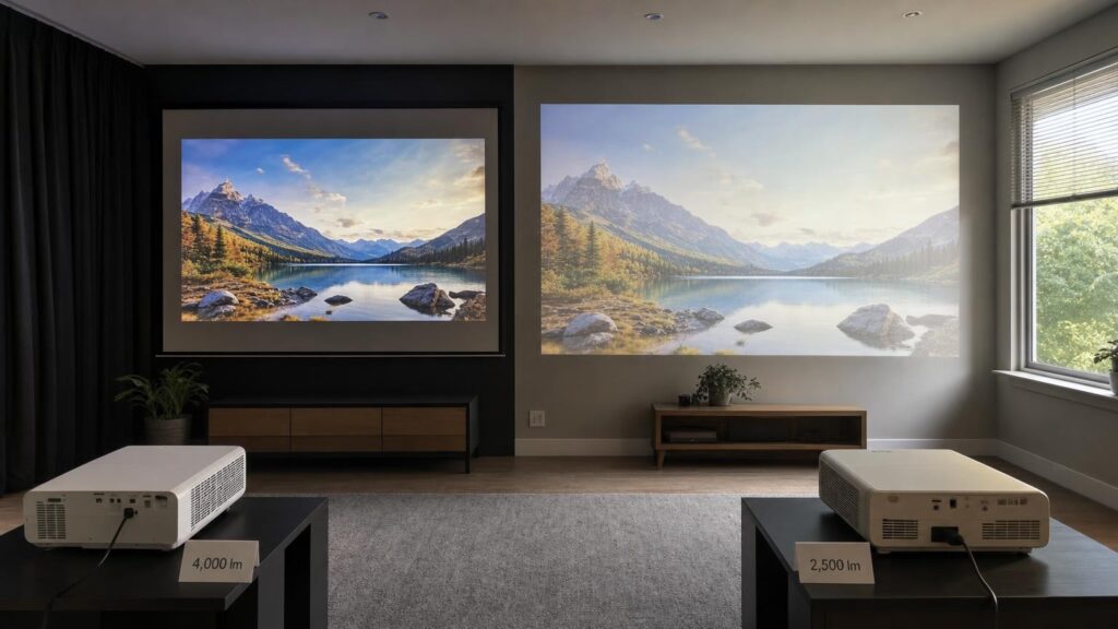 Two projector setups show the same scene, with a larger daylight-washed image beside a smaller image with richer colour and contrast.