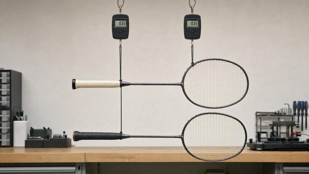 Two equally weighted badminton rackets hang level from different balance points.