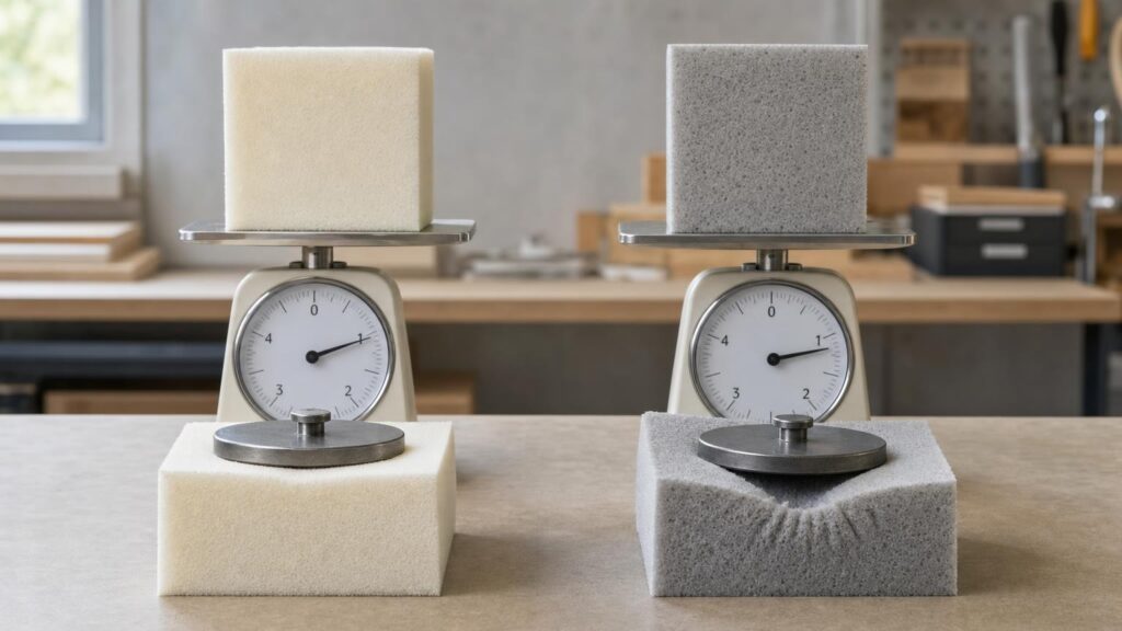 Equal-size foam samples are weighed and compressed, showing that the heavier foam can also be the softer one.