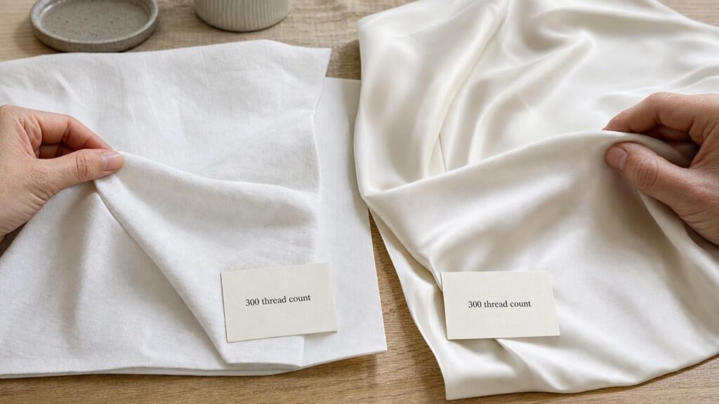 Hands compare a crisp matte sheet and a smooth draping sheet, both labelled 300 thread count.