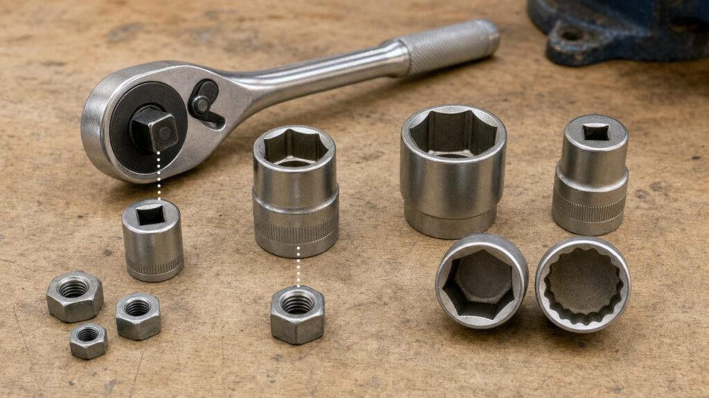 Ratchet, sockets and hex nuts arranged to compare square drives, socket sizes, and six- and 12-point profiles.
