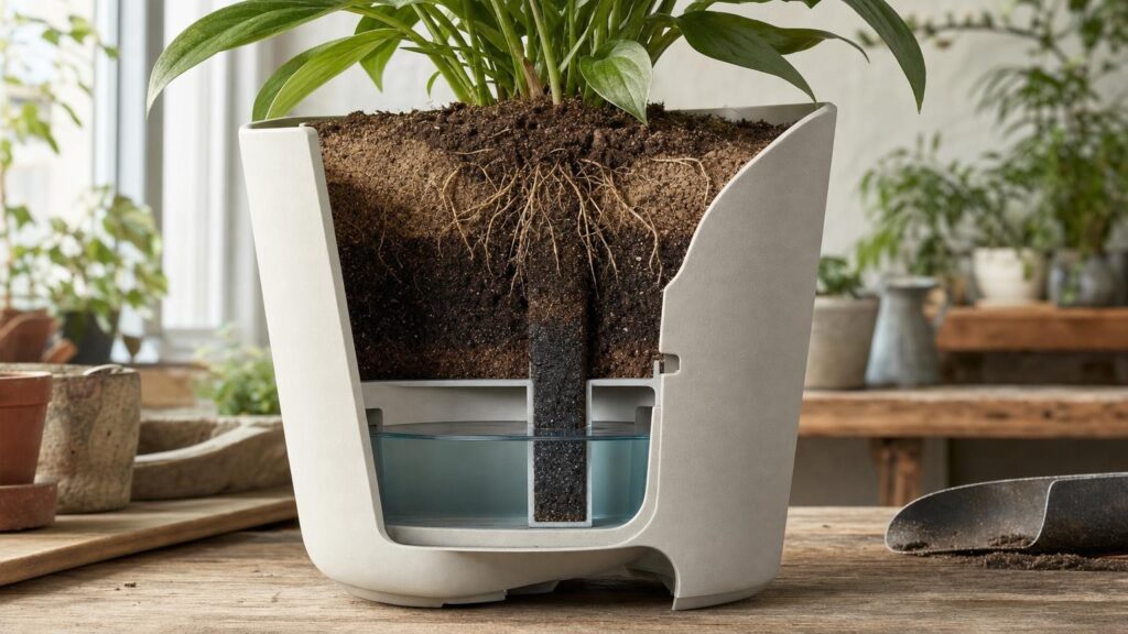 Cutaway self-watering planter showing water in a lower reservoir rising through a soil column toward the plant’s roots.