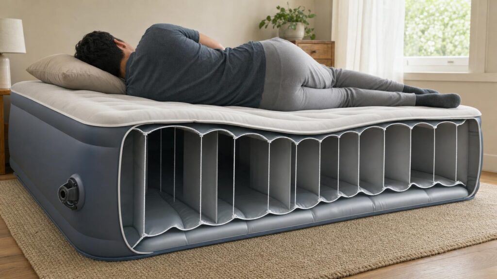 Cutaway view of an air mattress showing internal baffles and air chambers supporting a sleeper.