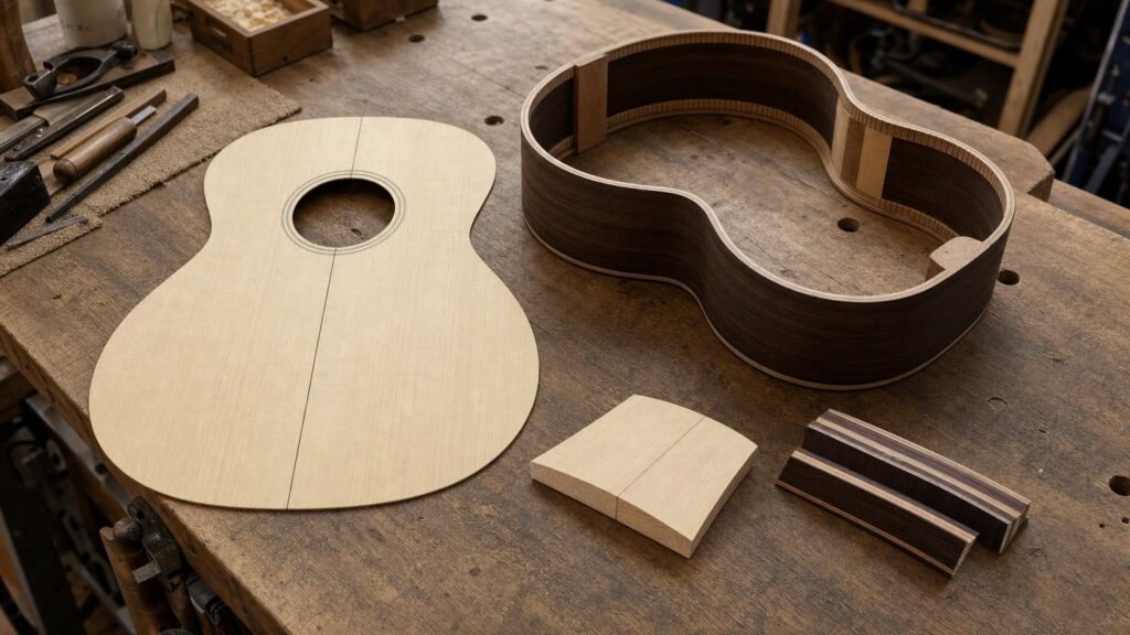 An unfinished acoustic guitar body beside its separate solid-wood soundboard and layered wood offcuts on a luthier’s bench.