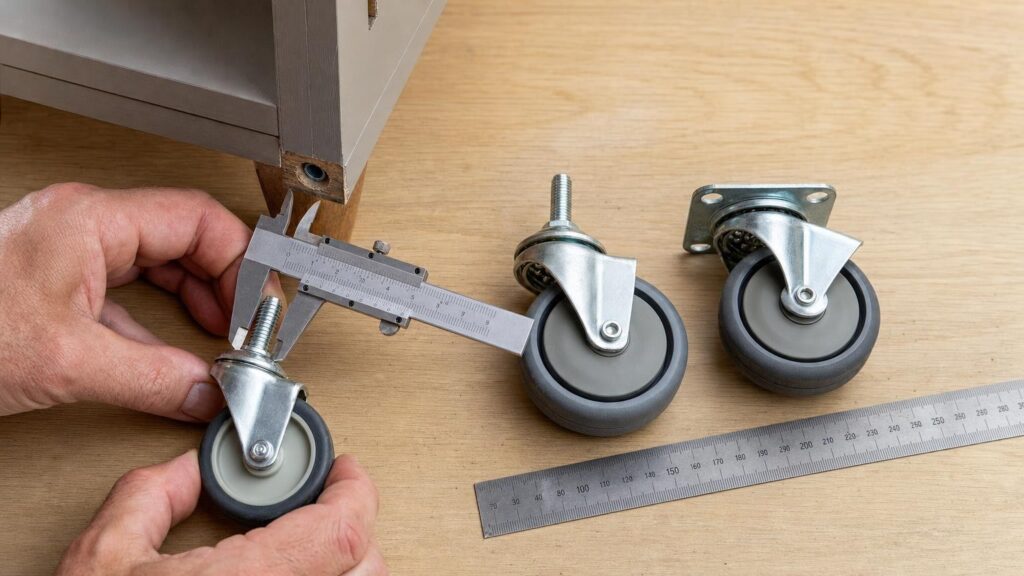 Hands measure a removed caster beside same-size wheels with different mounts and assembly heights.