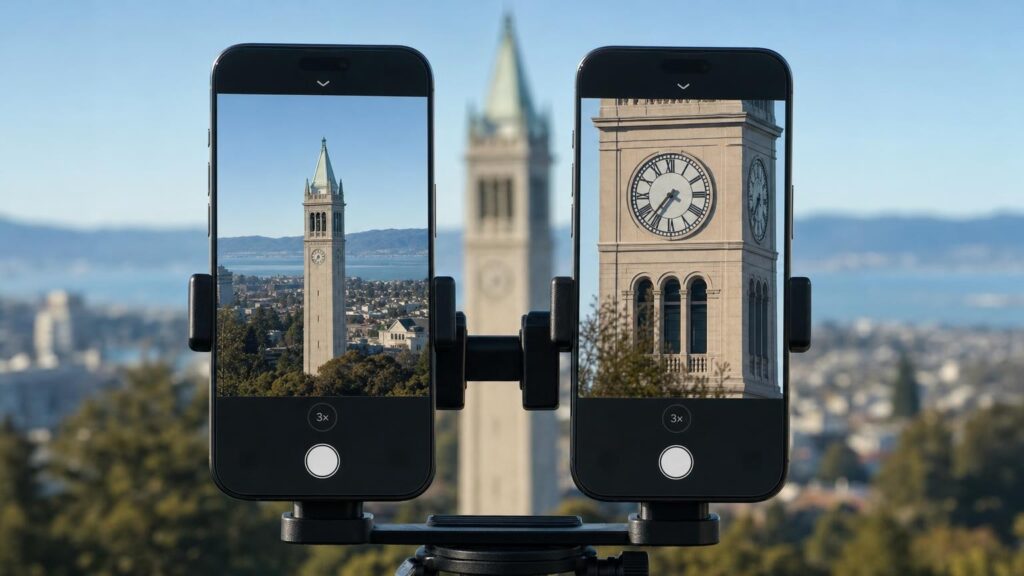 Two unbranded phones both set to 3× frame the same distant clock tower differently.