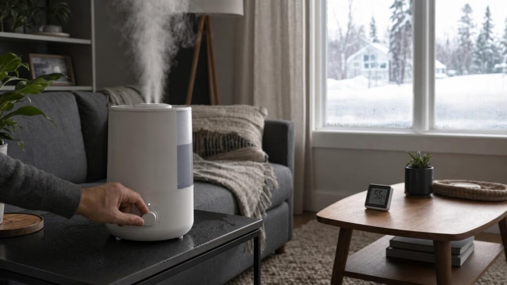A hand lowers an unbranded humidifier beside a humidity meter as light condensation forms on a snowy winter window.