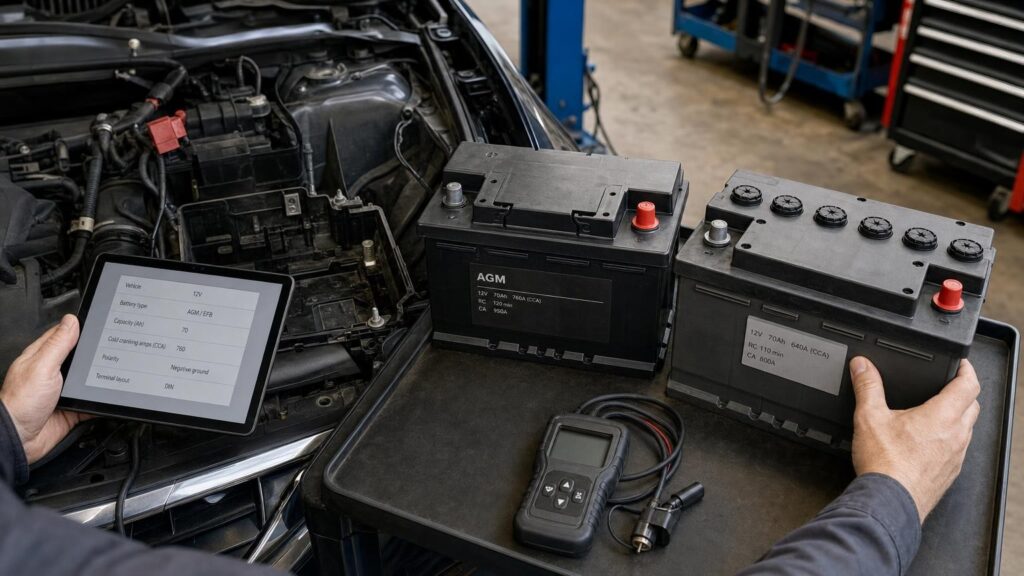 A technician compares two same-size car batteries with different terminals and specifications beside an open engine bay.