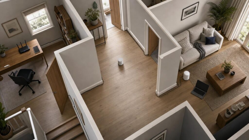 Overhead view of a home with a router, mesh nodes and an Ethernet cable illustrating different backhaul routes through several rooms.