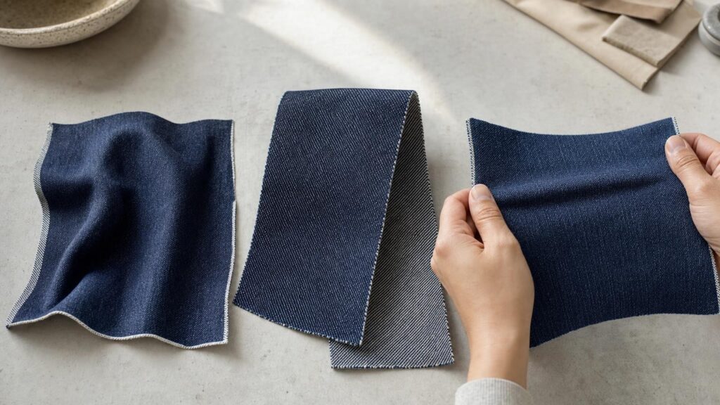 Three indigo denim swatches showing soft drape, rigid structure and gentle stretch on a neutral table.