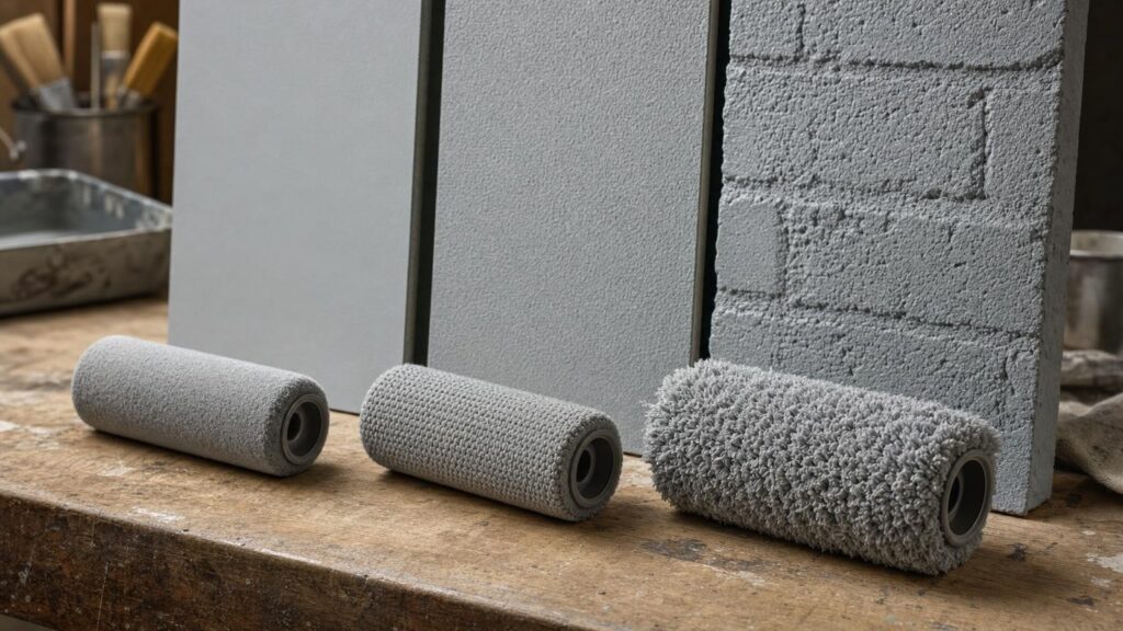 Three roller sleeves with different pile depths beside smooth, lightly textured and rough painted samples.