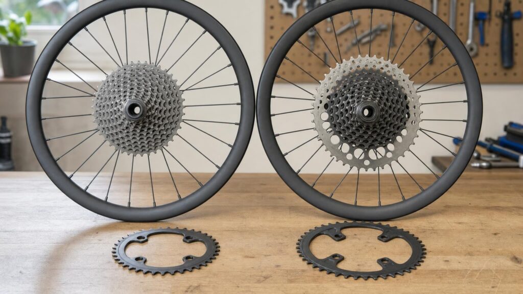 Two bicycle cassettes with the same sprocket count but different gear ranges and spacing sit side by side on a workbench.