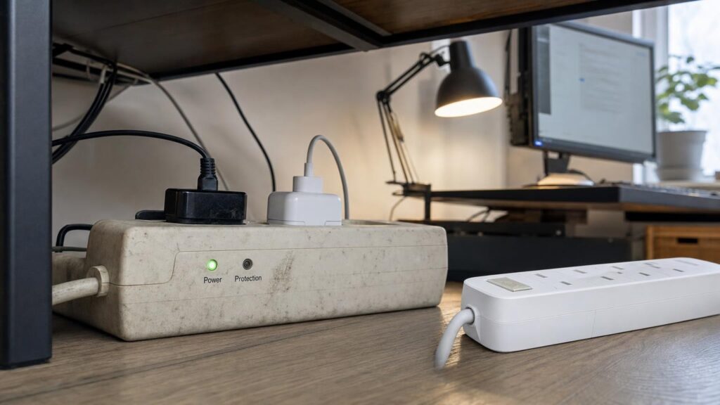 An older surge protector powers a desk lamp and monitor while its power light is on and protection light is off.