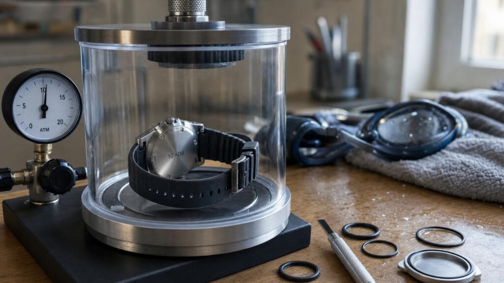 Unbranded wristwatch in a pressure-testing chamber beside swim goggles, a towel and spare gaskets.