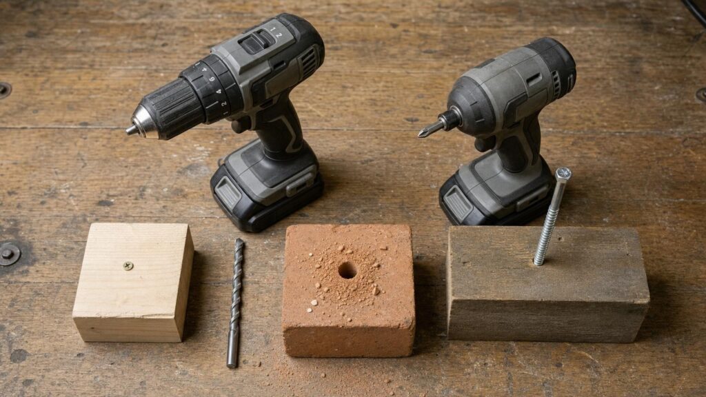 Unbranded drill-driver and impact driver arranged with wood screws, a masonry bit, brick and timber to show their different mechanisms and uses.