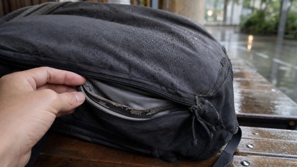 A hand inspects worn seam tape inside a rain-damp backpack with water beading on its outer fabric.