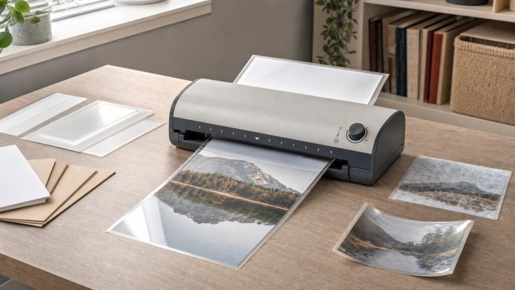 Unbranded laminator feeding a pouch beside thin and thick materials, with clear, cloudy and curled laminate samples.
