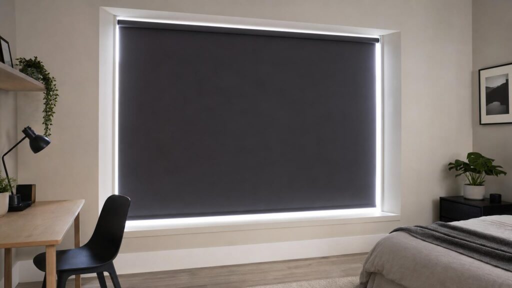 Lowered opaque roller blind with daylight entering through gaps around its edges.