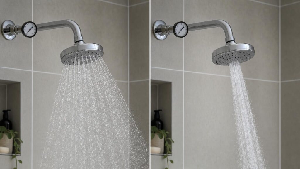 The same showerhead produces a wide spray and a concentrated spray while an upstream pressure gauge remains unchanged.