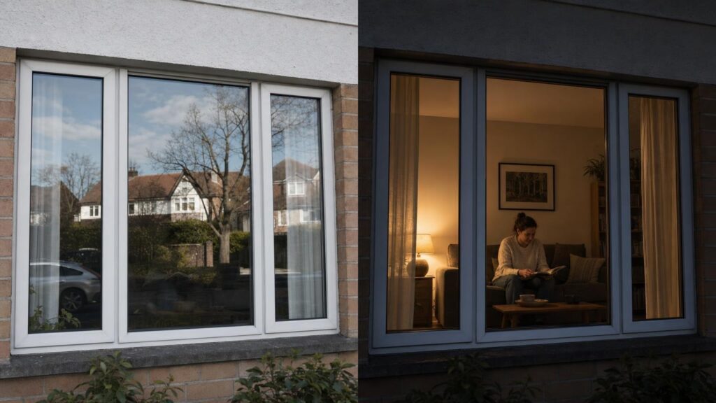Matched daytime and nighttime views show a reflective window hiding a dim room by day but revealing a lit interior and occupant at night.