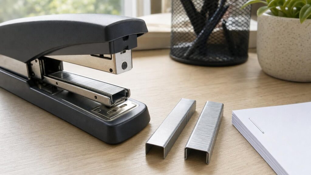 An open desktop stapler with one staple strip fitted in its magazine and a nearly identical but wider strip beside it.